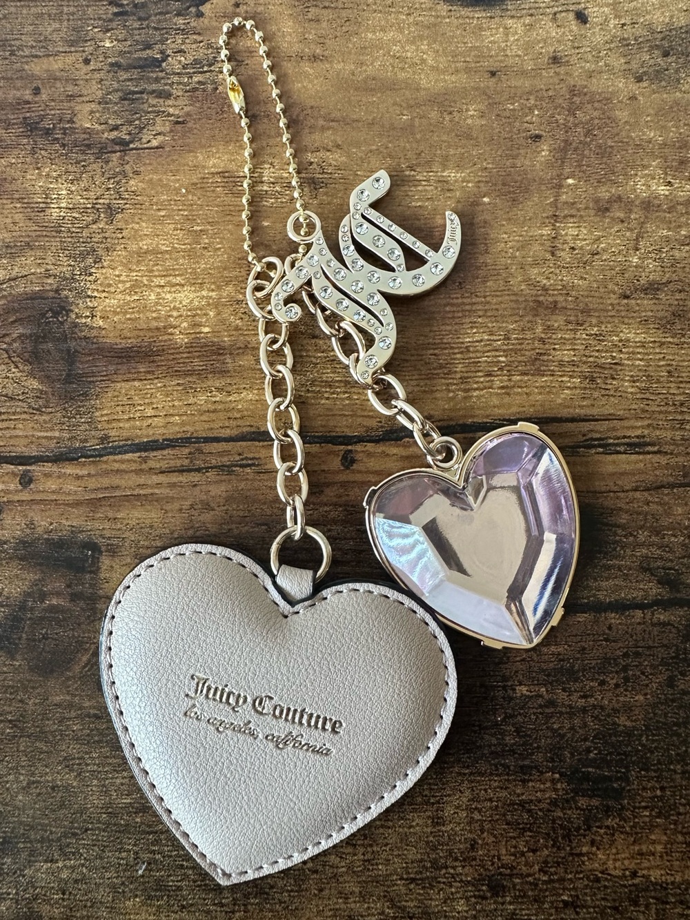 Juicy Couture Bag Charm Keychain w/ Pink Iridescent Heart JC & Beige Heart NWOT